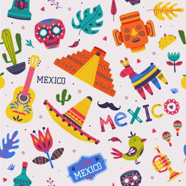 Parlak Meksika Elementleri ve Sembolleri Vektörsüz Desen Şablonu
