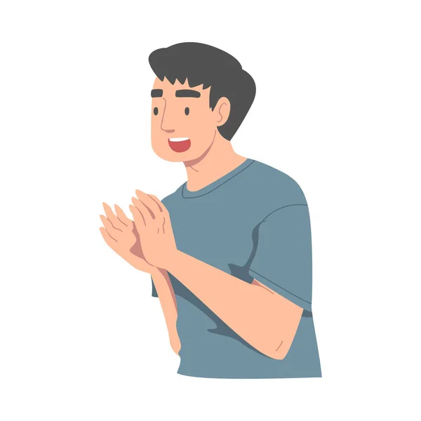 Izgatott ember karakter Nézi, hogy valaki tapsol a kezét demonstráló figyelmet vektor illusztráció — Stock Vector