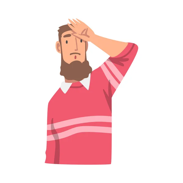 Looking Into Future Bearded Man Character with His Hand on Forehead Vector Illustration — Stock Vector