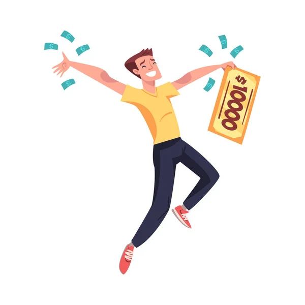 Happy Jumping Man Holding Cheque con suma global como ilustración vectorial de ganancia de lotería — Vector de stock