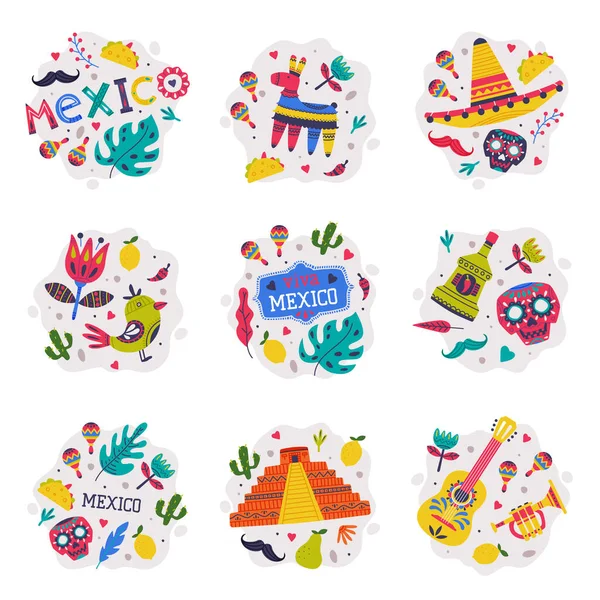 Conjunto de vetores de composição de elementos e símbolos do México brilhante — Vetor de Stock