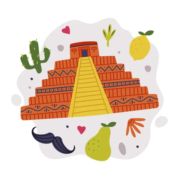 Bright Mexico Object with Pyramid and Cactus Element Vector Composition — стоковий вектор