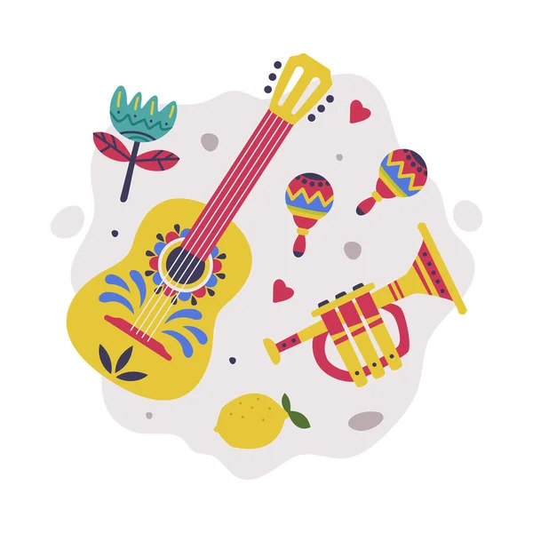 Bright Mexico Object with Guitar, Maraca and Trumpet Element Векторная композиция — стоковый вектор