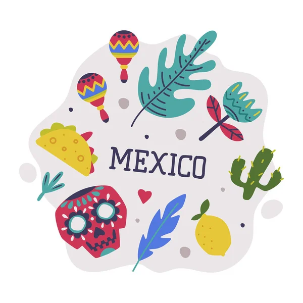 Helder Mexico-object met schedel, cactus en Maraca element vectorsamenstelling Stockillustratie