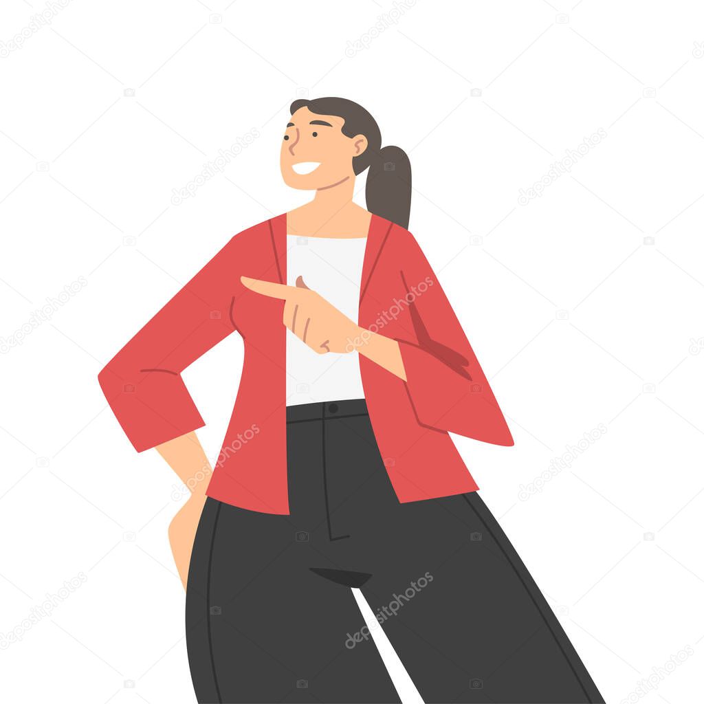 Woman Character in Formal Suit Standing and Smiling Pointing Finger Perspective View Vector Illustration