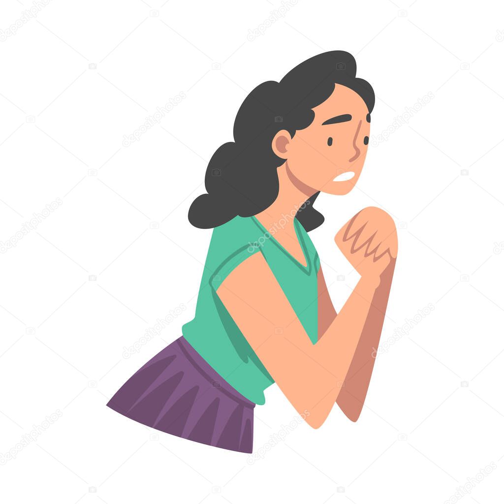 Looking Into Future Woman Character Putting Her Hands Together Feeling Anxiety Vector Illustration
