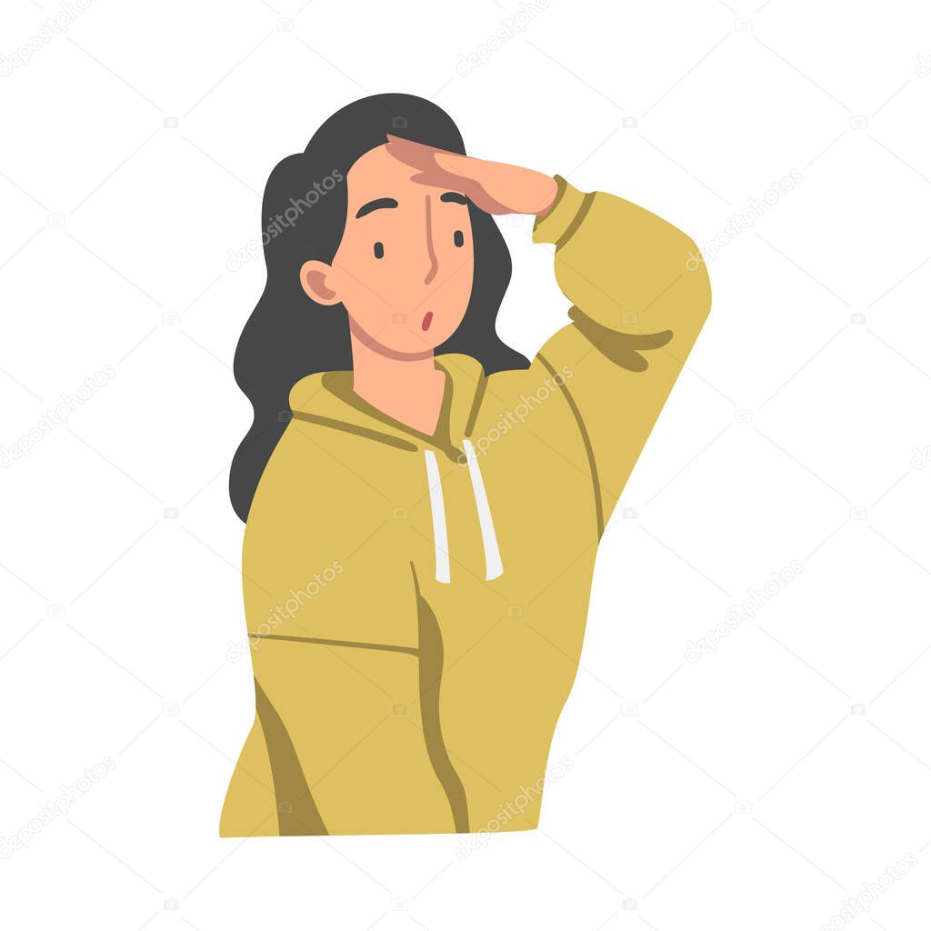 Looking Into Future Woman Character with Her Hand on Forehead Vector Illustration