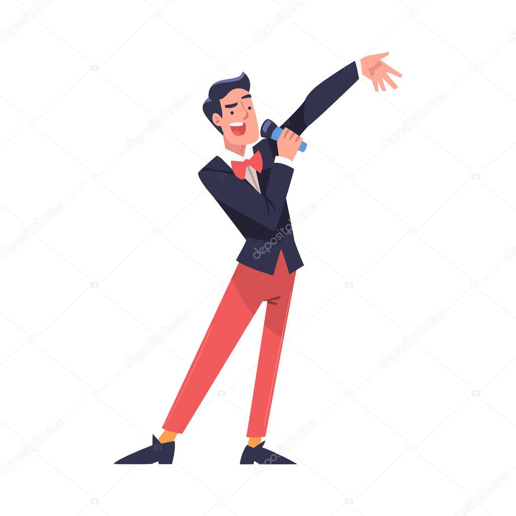 Lottery with Smiling Man Presenter with Microphone Announcing Winner Vector Illustration