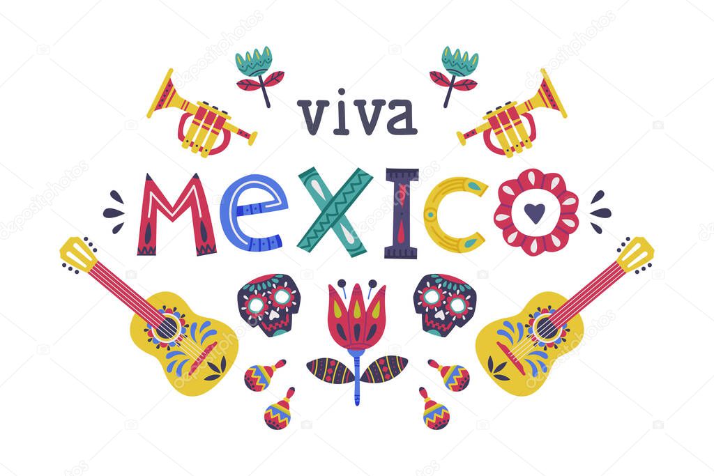Bright Mexico Object with Flower, Guitar and Skull Element Vector Composition