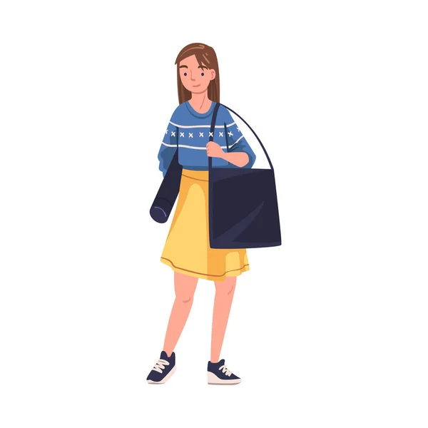 Femme comme étudiant universitaire moderne debout avec tube en papier et illustration vectorielle de sac — Image vectorielle