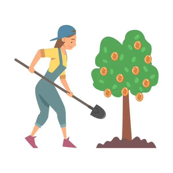 Caractère de femme dans le chapeau et la combinaison avec la pelle cultivant l'illustration vectorielle d'arbre d'argent — Image vectorielle