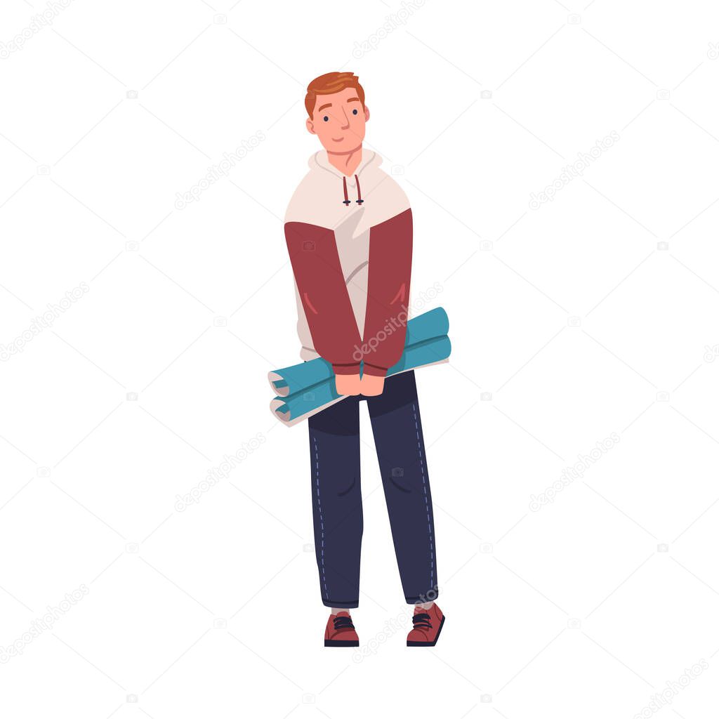 Man as Modern University Student in Hoodie Standing with Rolled Paper Vector Illustration