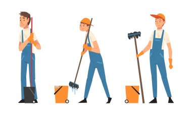 Toplam Temizlik Personeli ve Paspas ve Kova Vektörü ile Eldivenler