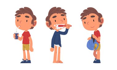 Çocuk Gazoz İçen, Dişlerini Fırçalayan ve Sırt Çantası Vector Kümesine Koyan Günlük Okul Programı
