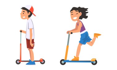 Neşeli Oğlan ve Kız Tekmeleyen Scooter Vector Set