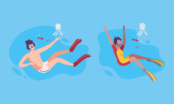 Young Man and Woman Character in Goggles and Flippers Sea Diving and Floating Underwater Vector Set — Stock Vector