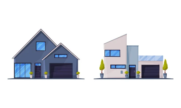 Detached House or Cottage Facade and Exterior as Suburban Residential Property Vector Set — Stock Vector