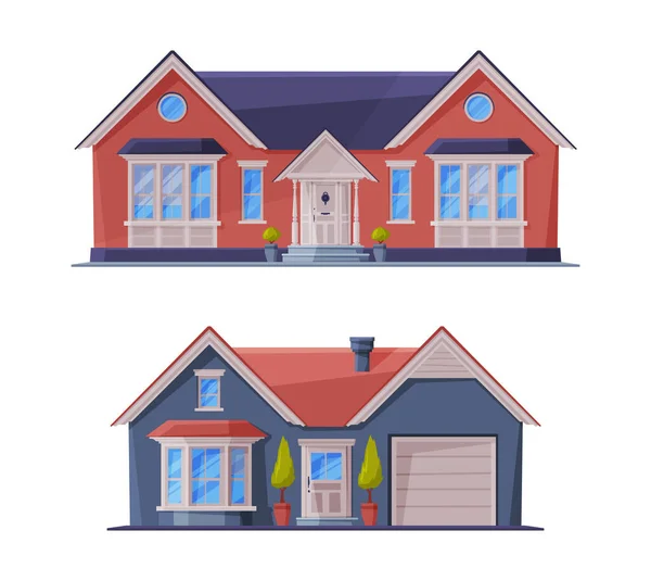 Частный дом или коттедж фасад и внешний вид в качестве векторного набора жилой недвижимости в пригороде — стоковый вектор
