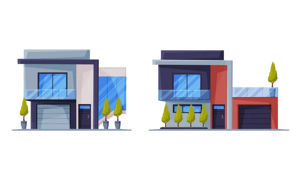 Частный дом или коттедж фасад и внешний вид в качестве векторного набора жилой недвижимости в пригороде — стоковый вектор