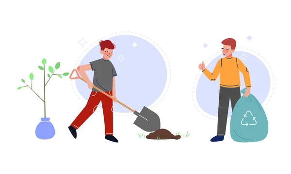 Petit garçon prenant soin de la nature Plantation Sapling dans le sol et ramassage des ordures pour ensemble de vecteurs de recyclage — Image vectorielle