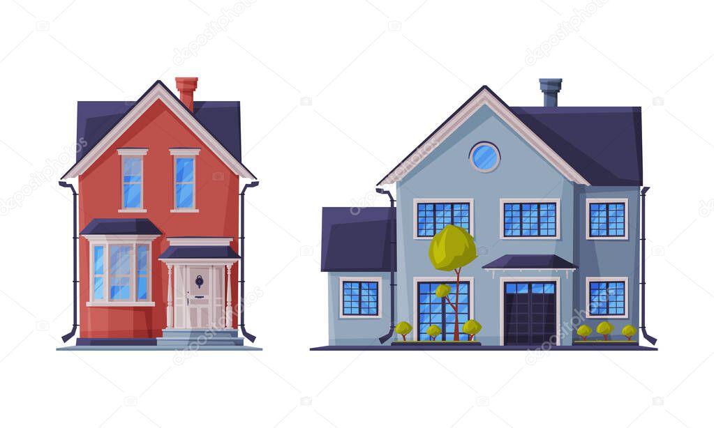 Detached House or Cottage Facade and Exterior as Suburban Residential Property Vector Set