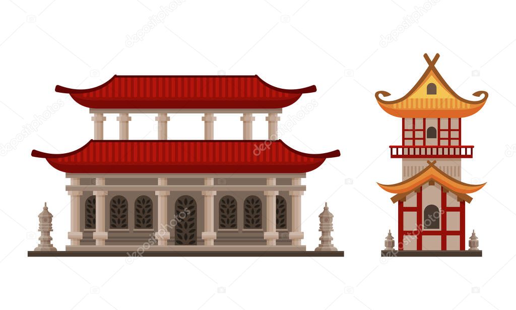 Pagoda as Tiered Tower with Multiple Eaves as Asian Architecture Vector Set