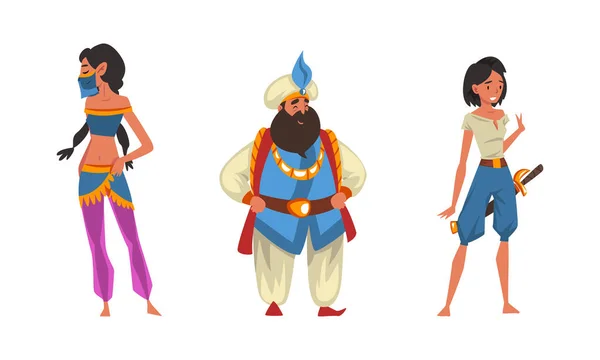 Bearded Man Sultan i Turban och Princess från Arabian Fairy Tale Character Vector Set — Stock vektor