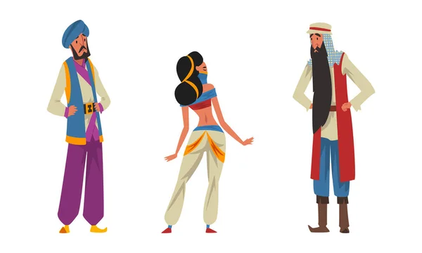 Bearded Man Sultan i Turban och Princess från Arabian Fairy Tale Character Vector Set — Stock vektor