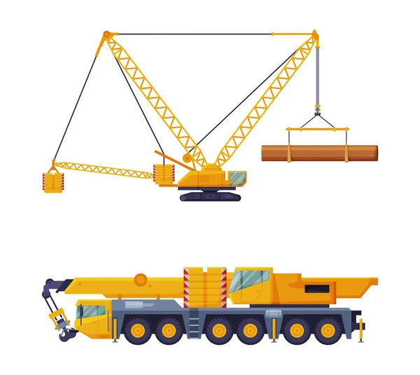 Crane Machine Equipped with Hoist Rope and Sheaves for Lifting and Lower Heavy Freight Vector Set — Stock Vector