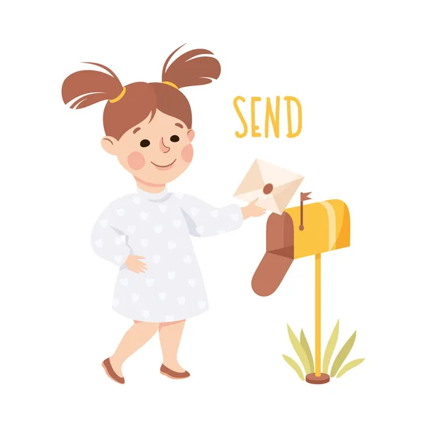 Little Girl with Ponytail Near Postbox Sending Envelope with Letter Vector Illustration — Stock Vector