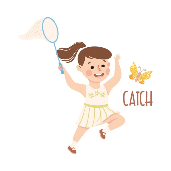 Little Girl with Ponytail Catching Butterfly with Net Vector Illustration — Stock Vector