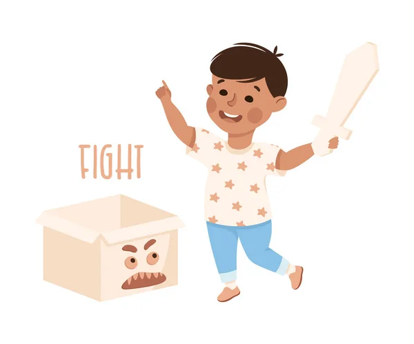 Niño pequeño con espada luchando con caja de cartón Monstruo jugando juego Vector ilustración — Vector de stock