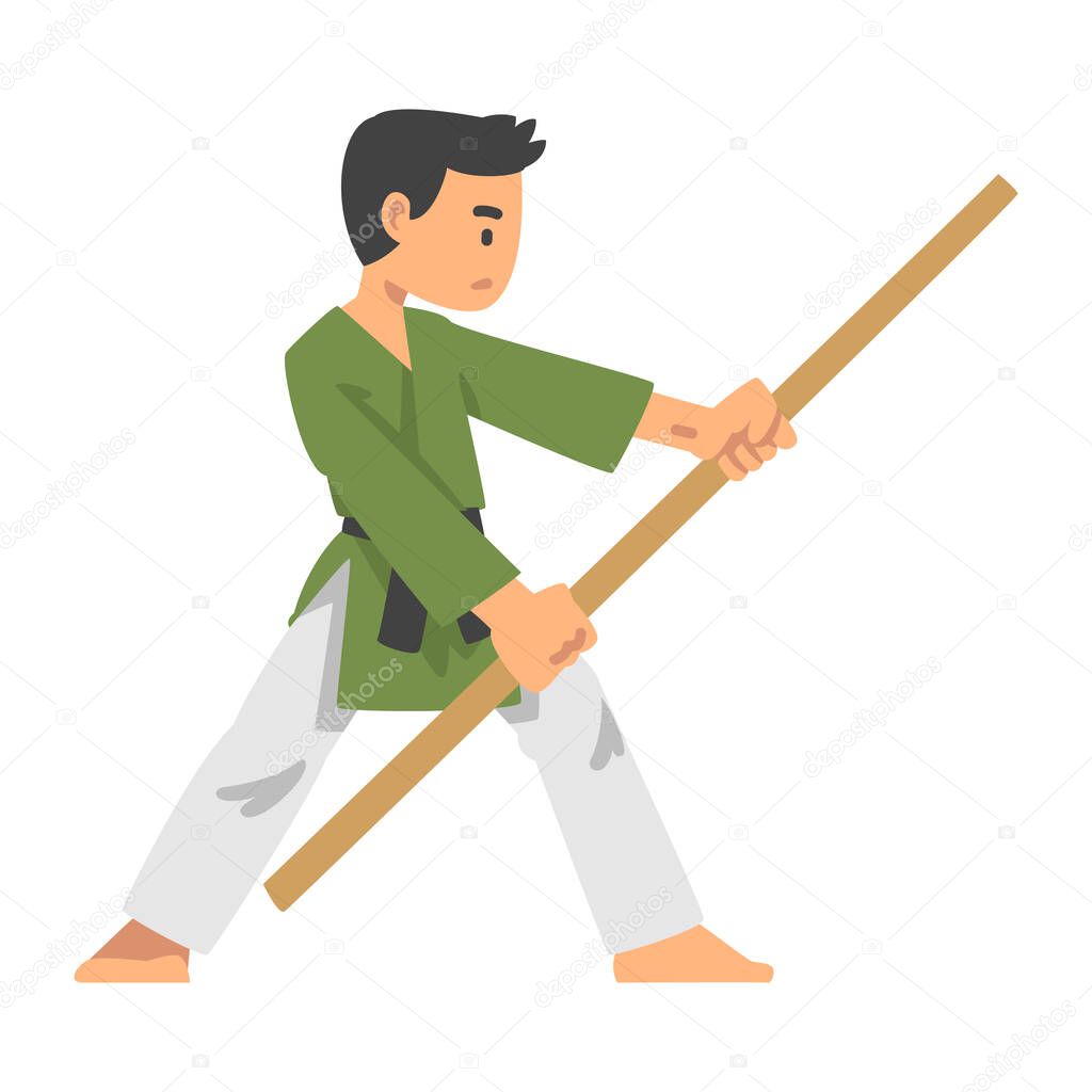 Man Character in Kimono with Stick Engaged in Combat Karate or Judo Sport or Fighting Sport Competing Vector Illustration