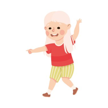 Komik Sarışın Kız Genişletici El ve İşaret Parmağı Gösterimi ile Bir Şey Gösteriyor