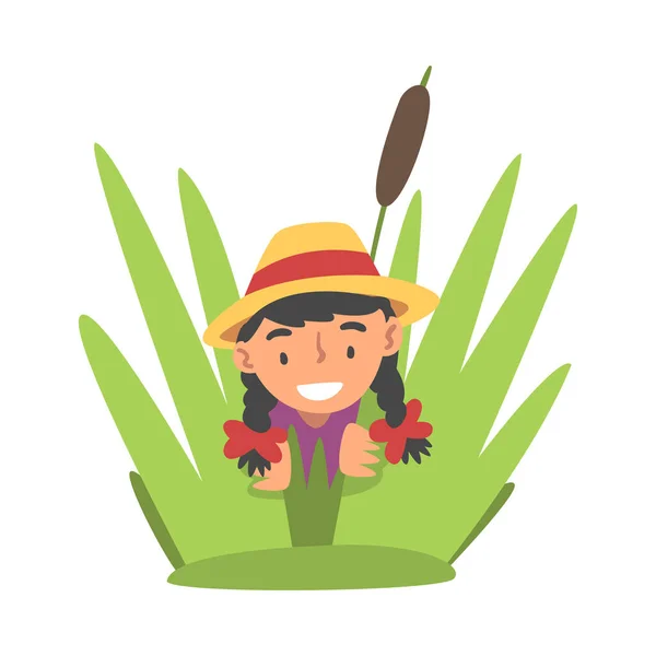 Malá dívka v klobouku hrát skrývání v trávě vektorové ilustrace — Stockový vektor
