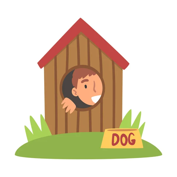Malý chlapec si hraje na schovávanou v psí boudě Vektorové ilustrace — Stockový vektor