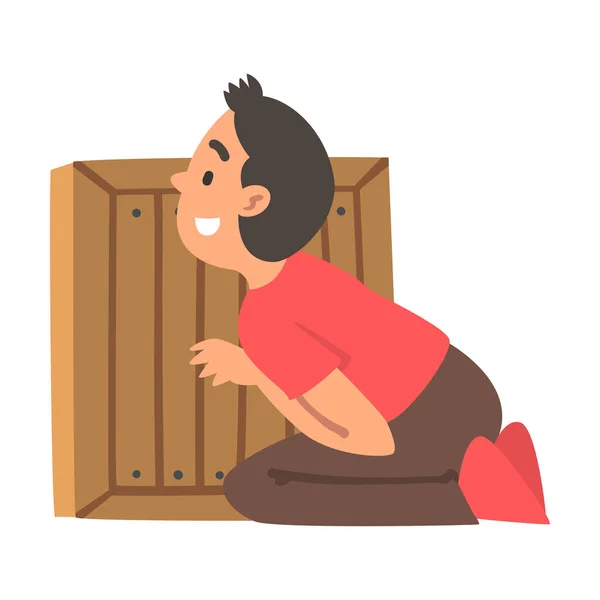 Little Boy Playing Hide and Seek Concealing Behind Wooden Crate Vector Illustration — Stock Vector