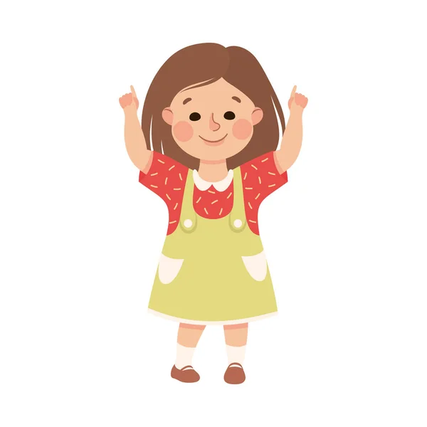 Funny Girl in Pinafore Skirt Pointing at Something with Extending Hand and Index Finger Vector Illustration — Stock Vector