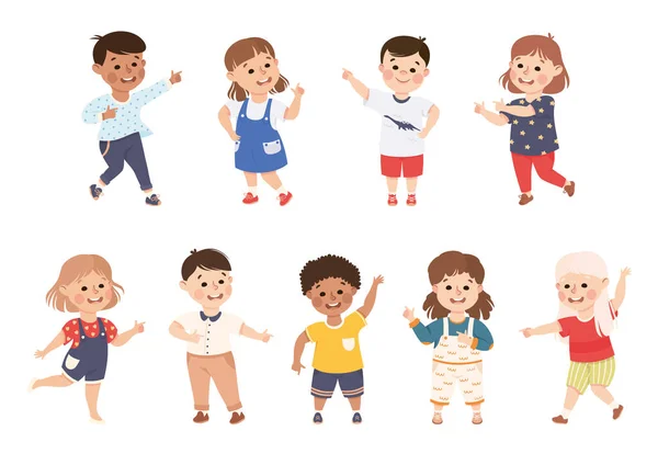 Funny Kids Pointing at Something with Extending Hand and Index Finger Vector Set — Stock Vector