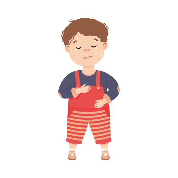 Mały chłopiec w kombinezonie stojąc i płacząc uczucie smutny wektor Ilustracja — Wektor stockowy