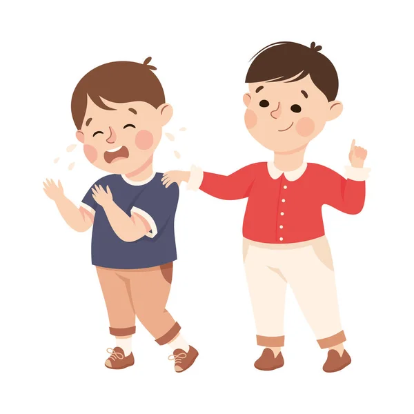 Little Boy Supporting and Comforting Crying Friend Vector Illustration — Stockový vektor