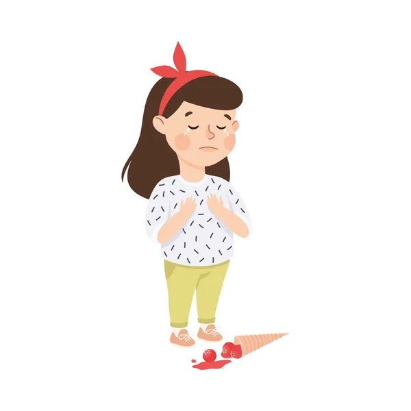 Petite fille avec bande de cheveux debout près de la crème glacée tombée et pleurer Illustration vectorielle triste — Image vectorielle