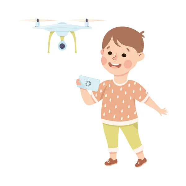 Cute Boy z Quadcopter lub Drone i Panel sterowania wektor Ilustracja — Wektor stockowy