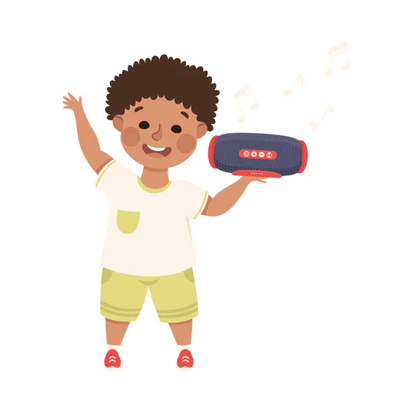 Cute Boy with Music Player Słuchanie Audio Track Ilustracja wektora — Wektor stockowy