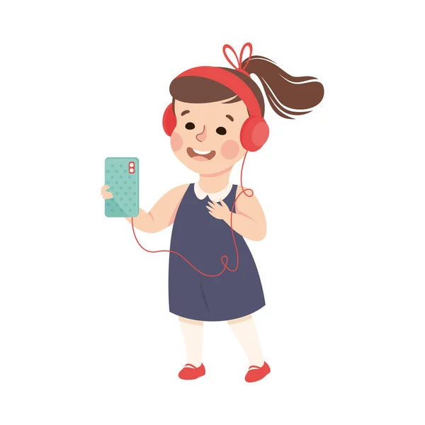 Cute Girl ze smartfonem i słuchawki Słuchanie muzyki wektor ilustracji — Wektor stockowy