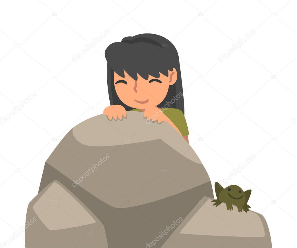 Little Girl Playing Hide and Seek Concealing Behind Boulder Vector Illustration