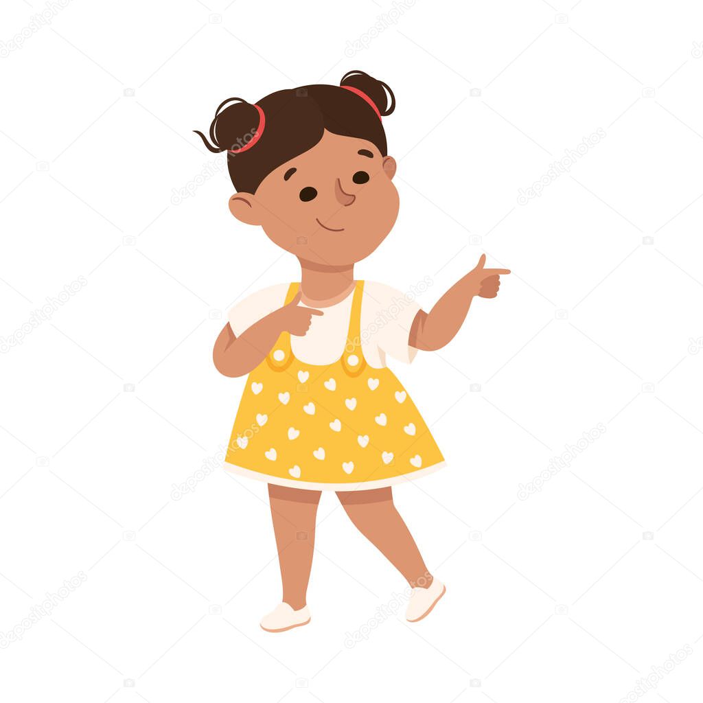 Funny Girl in Polka Dot Dress Pointing at Something with Extending Hand and Index Finger Vector Illustration
