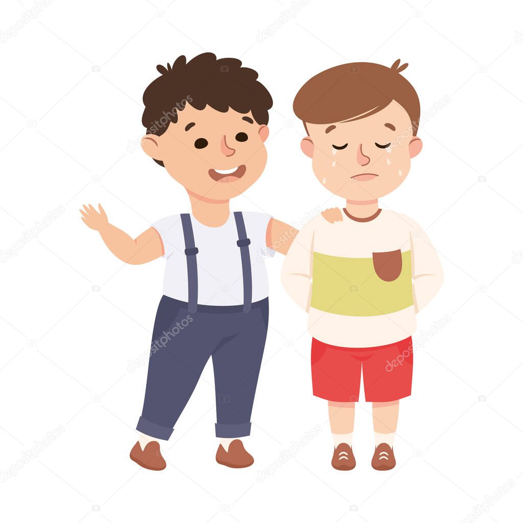 Little Boy Supporting and Comforting Crying Friend Vector Illustration