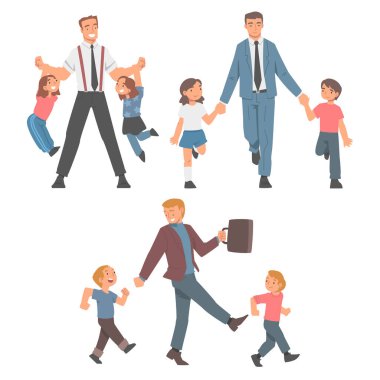 Baba İşadamı Takım Elbiseli ve Kravatlı Oğlu ve Kızıyla Yürüyen ve Oynayan Vektör Seti