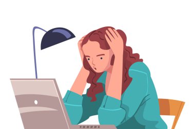Tired Young Woman Sitting at Laptop Holding Head with Hands Vector Illustration clipart